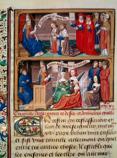 Representación del Concilio de Clermont en 1095 presidido por el Papa Urbano II (1042-1099) predicando la primera cruzada. Miniatura tomada del manuscrito “Speculum historiale” (Le Miroir historial) de Vincent de Beauvais (1184/94-1264) iluminada por el de Maître François