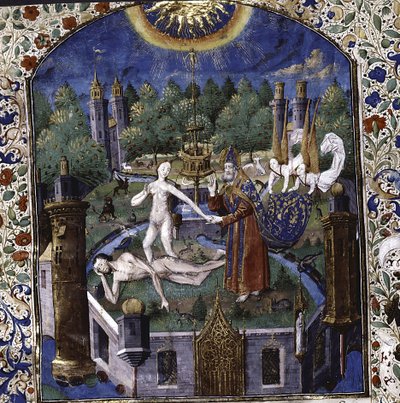 La creación de Eva del cuerpo de Adán dormido de De cleres et nobles femmes de Giovanni Boccaccio, 1450-1475 de Maître François