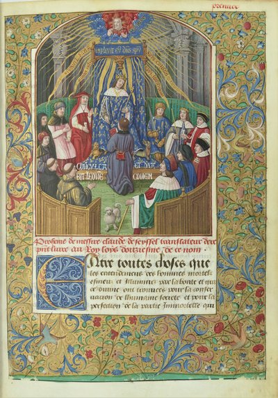 Anábasis de Jenofonte traducida por Claude de Seyssel: escena de dedicatoria, el manuscrito es un regalo del traductor a Luis XII. de Maitre de Philippe de Gueldre
