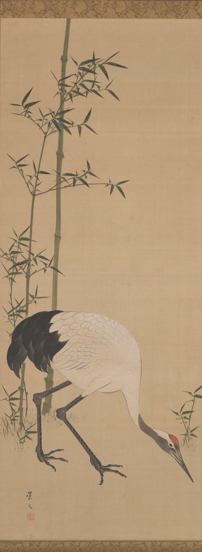 Grullas, bambú y pino, Periodo Edo (tinta y colores acuosos sobre seda) de Matsumura Keibun
