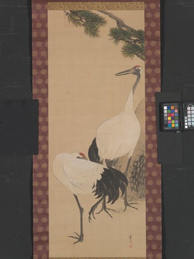 Grullas, bambú y pino, Periodo Edo (tinta y colores acuosos sobre seda) de Matsumura Keibun
