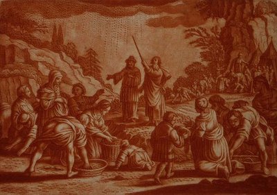 Los israelitas recogiendo maná, ilustración de una Biblia, grabado por Gabriel Bodeneer (1673-1766) de Mattaus II (after) Merian