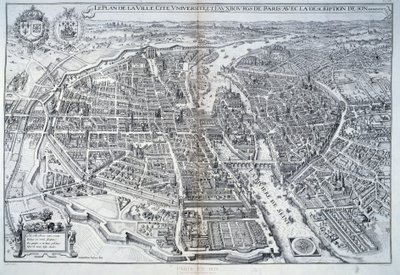 Plano de París en 1615. Grabado por Mathieu Merian de Mattaus the Younger Merian