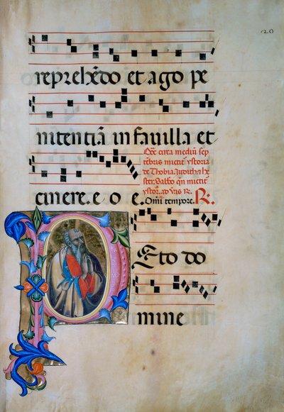 Inicial iluminada con la figura de San Miguel Arcángel derrotando a los demonios (Corale 5, c. 105v), para el libro de coro 5 de Santa Maria degli Angeli de Matteo di Filippo Torelli