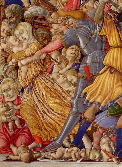 La masacre de los inocentes (detalle de un soldado preparando para apuñalar a un niño y la carnicería circundante) de Matteo di Giovanni di Bartolo