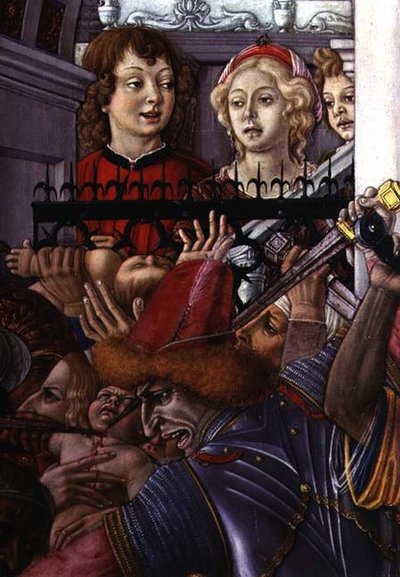 La Matanza de los Inocentes, (detalle) de dos espectadores observando la carnicería desde el palacio de Matteo di Giovanni di Bartolo