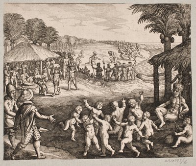 Sobre el servicio de comida de los salvajes, la preparación de bebidas y sus danzas para el rey de Matthäus Merian d.Æ.