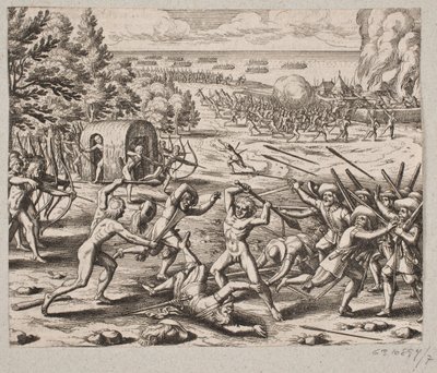 Tan pronto como llegaron al asentamiento de los salvajes, el Sr. San Juan vio 300 caribes de Matthäus Merian d.Æ.