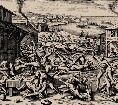 Ataque de Powhatan el 22 de marzo de 1622, 1628 de Matthaus the Elder Merian