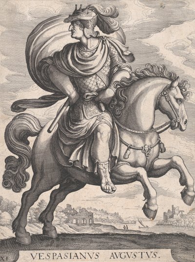 Emperador Vespasiano a caballo, de la serie Los primeros doce césares romanos, placa 1..., 1610-50 de Matthaus Merian
