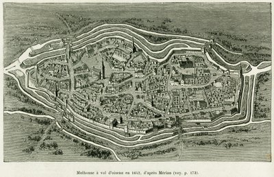 Mulhouse vuela en 1642. Grabado de Matthaus Merian (1593-1650) para ilustrar la historia A través de Alsacia y Lorena, por Charles Grad, diputado alemán, en 1885, en Le Tour du monde 1886, dirigido por Edouard Charton (1807-1890), Hachette, París. de Matthaus the Elder (after) Merian