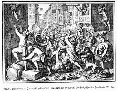 Saqueo del callejón judío durante los disturbios de Fettmilch en Fráncfort el 22 de agosto de Matthaus the Elder (after) Merian