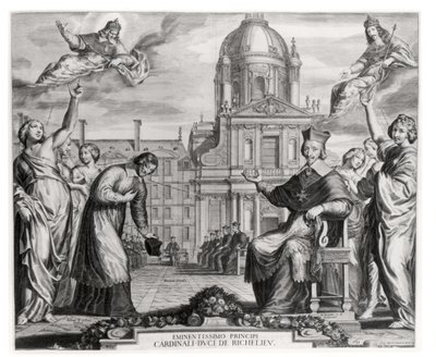 Robert de Sorbon (1201-94) y el Cardenal Richelieu (1575-1642) frente a la Sorbona, grabado por Gregoire Huret (1606-70) 1639 de Matthaus the Elder Merian