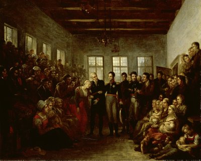 El Príncipe de Orange visitando a las víctimas de las inundaciones en el orfanato Almoners, Ámsterdam, el 14 de febrero de 1825 de Mattheus Ignatius van Bree