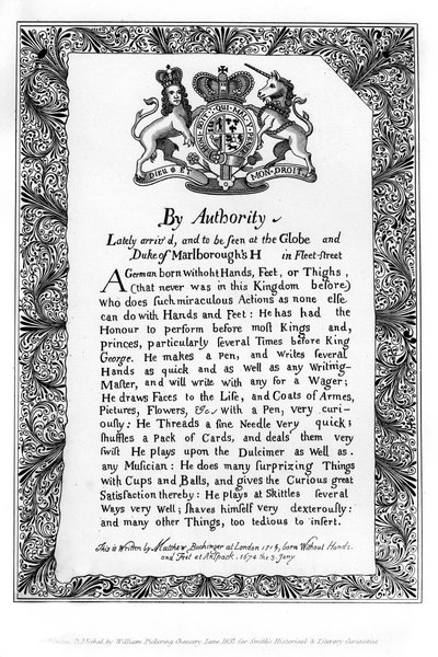 Cartel caligráfico de exhibición de Matthew Buchinger, Enano de Nurnburg, 1717, 1840 de Matthew Buchinger