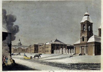 El arsenal y la fundición de cañones en San Petersburgo. (El Arsenal y la Fundición de Cañones en Petersburgo). Descripción de las construcciones en pleno invierno, con trineos deslizándose por la nieve y un grupo de individuos calentándose alrededor de un de Matthew Dubourg