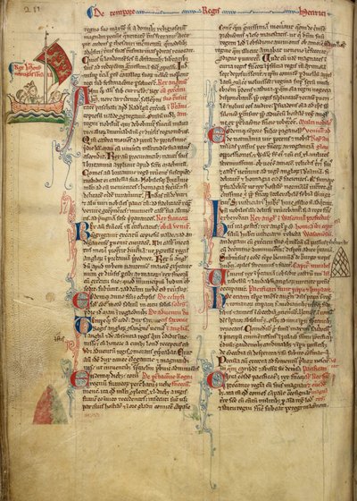 Royal 14 C. VII, f.116v Dibujo marginal del rey Enrique III navegando por el Canal de la Mancha hasta Bretaña, con parte del texto adjunto de puño y letra del autor, ilustración de 