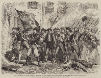 La revolución en Sicilia, prisioneros liberados llevando a su carcelero por las calles de Palermo antes de dispararle de Matthew Somerville Morgan