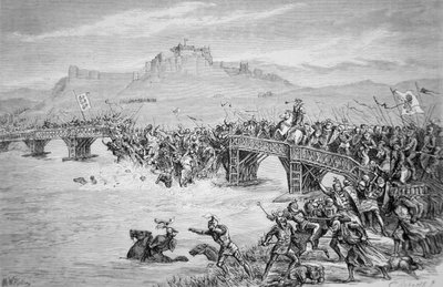 El colapso del puente durante la Batalla del Puente de Stirling, en 1297, grabado por Roberts de Matthew White (after) Ridley