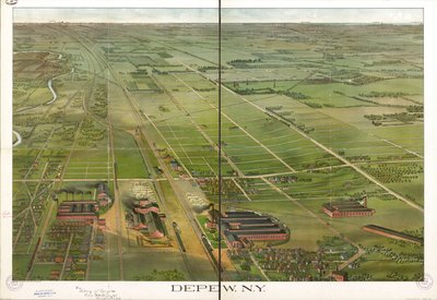 Vista de pájaro. Orientada con el norte a la derecha. LC Panoramic maps (2nd ed.), 555.1 Disponible también en el sitio web de la Biblioteca del Congreso como imagen rasterizada. Copia de la LC anotada en tinta. Estampado en: Compliments Depew Improvement  de Matthews Northrup Company