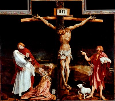 Retablo de Issenheim: panel central que representa la crucifixión. Inscripción 
