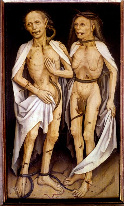 Amantes fallecidos, una pareja de ancianos con cuerpos en descomposición atravesados por serpientes y cubiertos de insectos recuerdan a Adán y Eva de Matthias (c.1480 1528) Grunewald