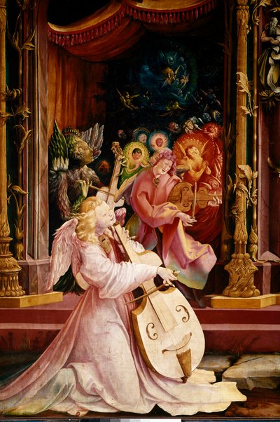 Retablo de Issenheim (o Isenheim): "La Natividad" (detalle) del concierto de ángeles músicos. El ángel en el centro toca la viola de gamba. Paneles de Mathis Neithardt Gothardt, conocido como Matthias Grünewald (1480-1528) (ec.all.) 1512-1516. Dim. 265x304 de Matthias (c.1480 1528) Grunewald
