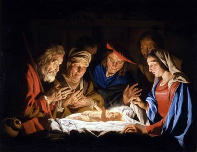 La adoración del Niño Jesús de Matthias (c.1600 p.1650) Stomer