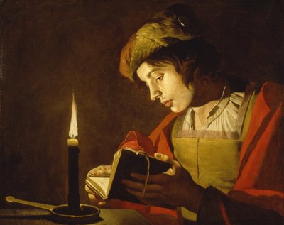 Un joven leyendo a la luz de la vela de Matthias (c.1600 p.1650) Stomer