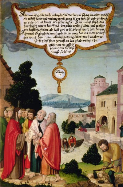 El Reino de los Cielos es como una red, que fue arrojada al mar y recogió peces de toda clase (Mateo 13) ilustración de la enseñanza de Cristo, sección del ala del retablo de Mompelgarter de Matthias Gerung or Gerou