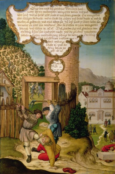 Los viñadores matando al heredero del dueño de la viña, ilustrando la enseñanza de Cristo "La piedra que los constructores rechazaron es la piedra principal del ángulo", sección del panel del ala del Retablo de Mompelgarter (panel) (véase también 72465-79) de Matthias Gerung or Gerou