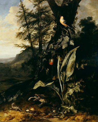 Un suelo de bosque con un sapo y un lagarto, un camachuelo en una rama de hiedra arriba, y una montaña al fondo de Matthias Withoos