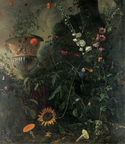 Malvarrosas, Rosas, una Flor de Encaje Azul, Girasol y Hongos, con Caléndulas en una Urna junto a un Árbol de Matthias Withoos