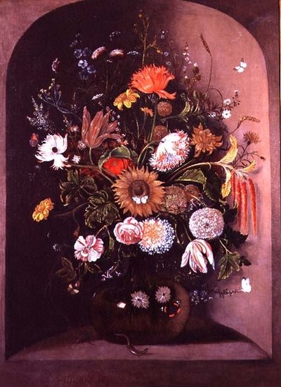 Flores mixtas en un cuenco de vidrio en un nicho con un lagarto y un ratón de Matthias Withoos