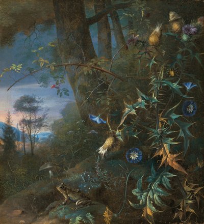 Naturaleza Muerta en el Suelo del Bosque con una Rana y un Hongo, Montañas al Fondo de Matthias Withoos