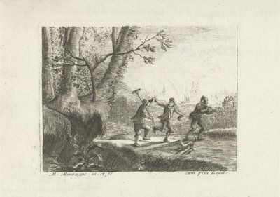 Paisaje con tres campesinos bailando de Matthieu van Plattenberg
