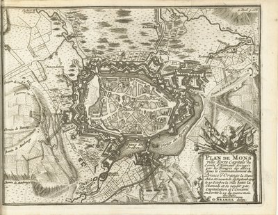 Beleg van Bergen, 1709 Plano de Mons Ville Forte (...) Asediado por las tropas alliez. bajo el mando del Príncipe de Orange (...) (título sobre objeto) de Matthijs Pool (possibly)