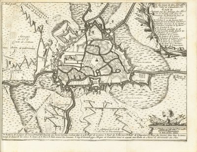 Beleg van Gent, 1708 Mapa del asedio y ataques de la ciudad y ciudadela de Gante sitiada por los ejércitos de los aliados el 22 de diciembre de 1708 bajo el liderazgo del príncipe y duque de Marlborough (título sobre el objeto) de Matthijs Pool (possibly)
