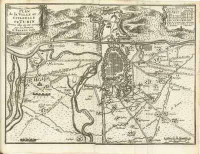 Beleg van Turijn, 1706 Plano de la Ciudad y Ciudadela de Turín, cuando fueron sitiadas por los franceses (título sobre el objeto) de Matthijs Pool (possibly)