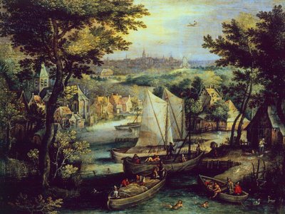 Paisaje fluvial, de Mathys Bril Younger (1550-1583), óleo sobre cobre de Matthijs the younger Bril