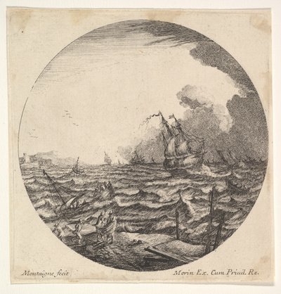 Tempestad en una composición redonda, a la izquierda las olas sacuden un pequeño barco ocupado por siete... de Matthijs van Plattenberg