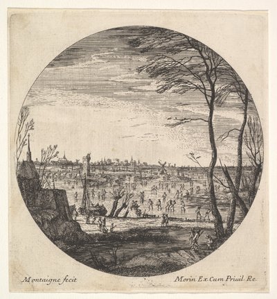 Paisaje invernal con figuras patinando sobre un cuerpo de agua congelado en un medallón, ca. 1625-60 de Matthijs van Plattenberg