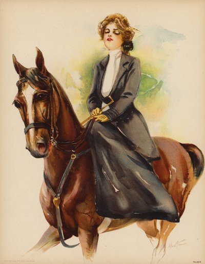 Retrato de una mujer montando a caballo (litografía en color) de Maud Stumm