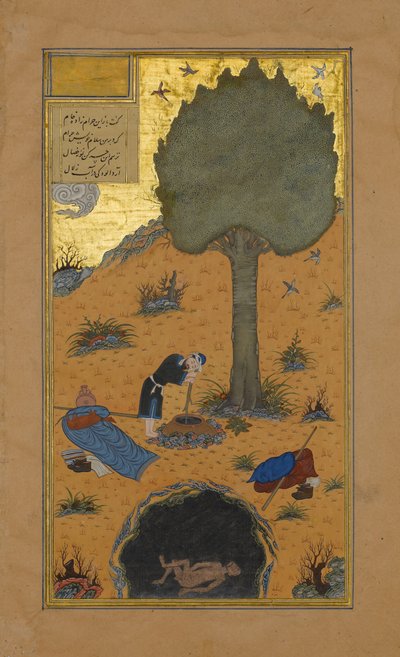 Cómo un Fanfarrón fue Ahogado en un Pozo, Folio 33v de un Haft Paikar, ca. 1430 de Maulana Azhar