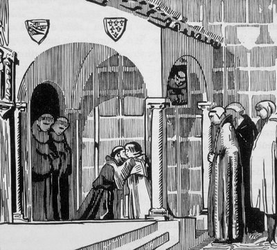El rey francés San Luis (Luis IX 1214-1270) como peregrino visitando a San Frere Gilles en Perugia, grabado por Jacques Beltrand a partir de un dibujo de Maurice Denis. de Maurice (after) Denis