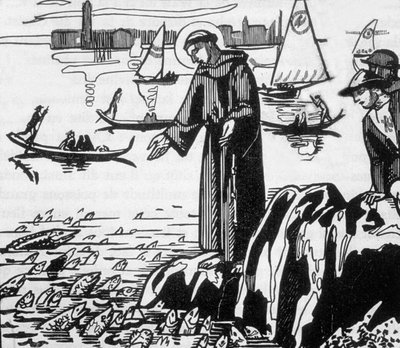 San Francisco de Asís predicando a los peces en Rímini, grabado por Jacques Beltrand a partir de un dibujo de Maurice Denis. de Maurice (after) Denis