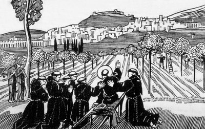 Muerte de San Francisco de Asís bendiciendo la ciudad de Asís, grabado por Jacques Beltrand según dibujo de Maurice Denis. de Maurice (after) Denis