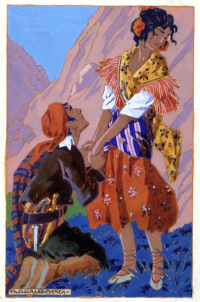 Encuentro entre Don José y Carmen, c. 1930 (ilustración) de Maurice Berty