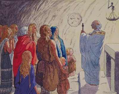 Conversión religiosa de los galos, c.1920-29 (pluma y tinta y acuarela sobre papel) de Maurice Berty