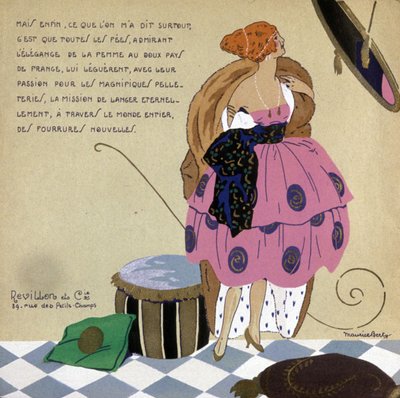 Mujer frente a su espejo, anuncio de pieles Revillon, c. 1920-1930 (ilustración) de Maurice Berty
